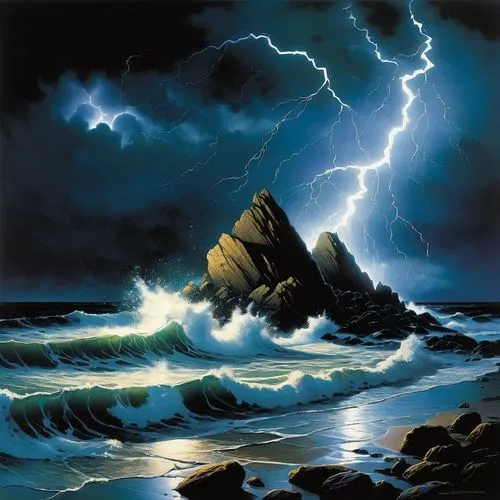 Transport your imagination to a world where shimmering waves crash against large rocks on the beach, night time with lightning,sea storm,stormbringer,tormenta,rocky coast,hildebrandt,temporal,lightnin