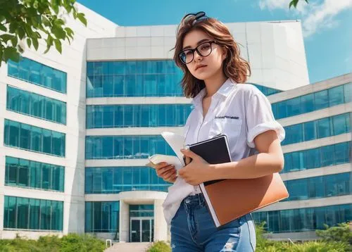 Architecture student, young adult, (20yo), messy brown hair, black-framed glasses, casual wear, white shirt, blue jeans, sneakers, holding a large portfolio, standing confidently, in front of a modern