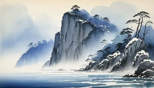 huashan,huangshan,yiping,takimoto,wenhao,zhangjiagang,haiping,edward lear,jialing,baishi,wudang,wenzhao,yashima,okimoto,tiesheng,mengzi,huangshan mountains,yonghao,coastal landscape,jianying,Illustration,Japanese style,Japanese Style 21