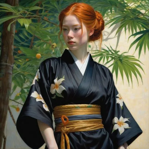 japanese woman,geisha girl,geisha,ikebana,japanese art,mukimono,japanese ginger,orange blossom,kimono,japanese style,kimono fabric,ginger blossom,japanese,japanese-style,junshan yinzhen,portrait of a girl,japanese culture,floral japanese,japanese cherry,martial arts uniform,Illustration,Realistic Fantasy,Realistic Fantasy 03