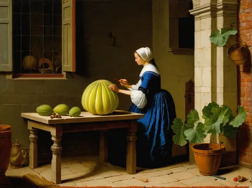 woman eating apple,girl picking apples,tea still life with melon,woman holding pie,watermelons,girl in the kitchen,watermelon painting,picking vegetables in early spring,melons,woman at the well,meticulous painting,still life with onions,watermelon,girl studying,work in the garden,girl with bread-and-butter,glean,muskmelon,gourd,bellini,Art,Classical Oil Painting,Classical Oil Painting 41