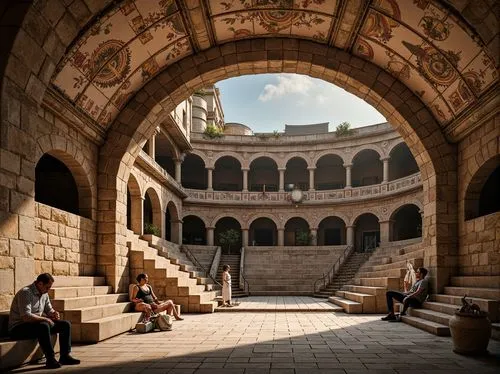 Ancient Roman amphitheater, rugged stone walls, worn travertine seats, weathered marble columns, rusty metal railings, coarse limestone floors, sun-baked earthenware tiles, distressed wooden benches, 