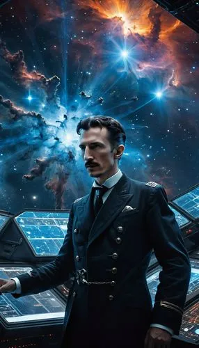 Nikola Tesla, many stars, high-tech interstellar multi-level warship, glowing blue light, super-developed by powerful unknown race, Eagle Nebula, Nikola Tesla, in the ship's control room,a man in a bl