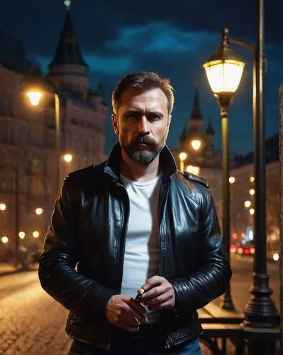 Mature man, Kasimir Velikov, solo, 40yo, strong facial features, short brown hair, trimmed beard, piercing blue eyes, wear a black leather jacket, white shirt, dark grey trousers, black boots, holding