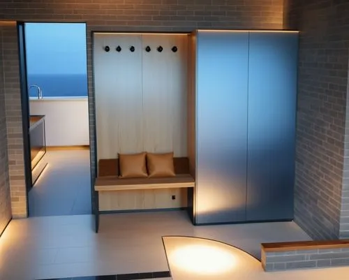 a modern bathroom in the middle of an indoor area,saunas,sauna,modern minimalist bathroom,luxury bathroom,wooden sauna,mikvah,Photography,General,Realistic