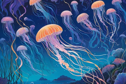 sea jellies,jellyfish collage,jellyfish,jellyfishes,jellies,cnidaria,sea anemones,mushroom landscape,underwater landscape,undersea,deep sea,sea creatures,sea-life,underwater background,deep sea nautilus,ocean floor,sea life underwater,coral reef,lion's mane jellyfish,box jellyfish,Illustration,Black and White,Black and White 21