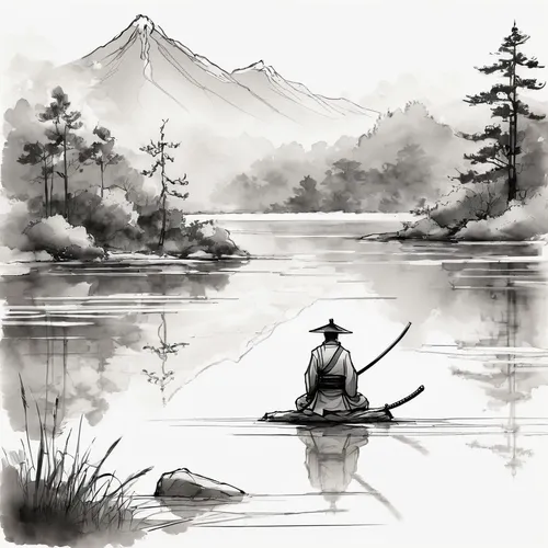 lake tanuki,canoeing,dugout canoe,fisherman,fishing float,canoe,boat landscape,paddler,kayaker,canoes,fishing classes,long-tail boat,fishing,river landscape,japan landscape,paddling,fishermen,people fishing,row boat,mountain lake,Illustration,Black and White,Black and White 08