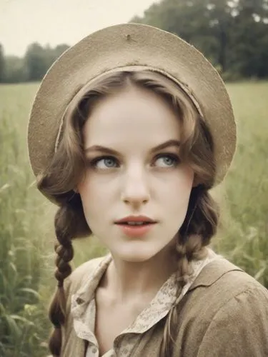 The innocence of the countryside,a girl in a brown hat poses for a po,liesel,eponine,daisy jazz isobel ridley,vintage girl,cosette,pevensie,Photography,Analog