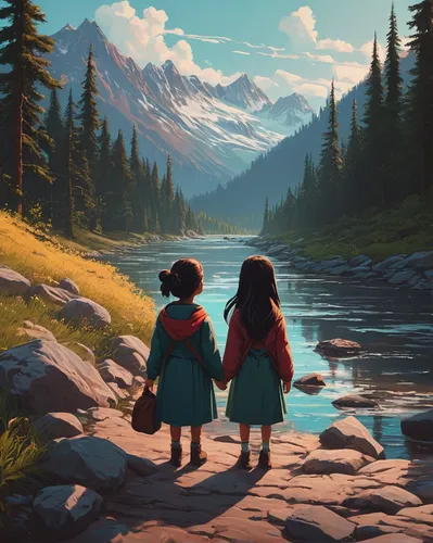 hikers,travelers,forest walk,girl and boy outdoor,world digital painting,alpine crossing,digital painting,pines,studio ghibli,mountains,exploration,landscape background,the spirit of the mountains,little boy and girl,mountain hiking,hold hands,two girls,hike,little girls walking,would a background,Conceptual Art,Fantasy,Fantasy 32