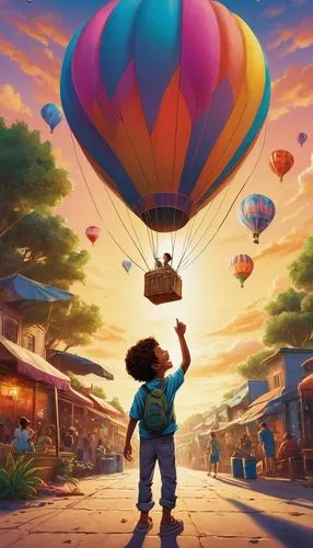 balloon trip,balloonist,balloon,colorful balloons,little girl with balloons,ballooning,Illustration,Realistic Fantasy,Realistic Fantasy 06