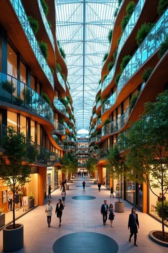 Vibrant metabolism-inspired shopping center, undulating organic fa\u00e7ade, iridescent glass panels, parametric architecture, futuristic curves, lush green walls, living roofs, natural ventilation sy