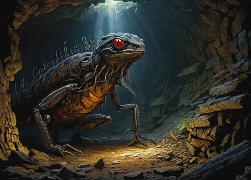 landmannahellir,kobold,game illustration,climbing salamander,iguanidae,sci fiction illustration,gorgonops,cane toad,giant lizard,boreal toad,speleothem,saurian,eleutherodactylus,cave tour,lava tube,carapace,crocodilian reptile,lungless salamander,iridigorgia,catacombs,Illustration,American Style,American Style 02