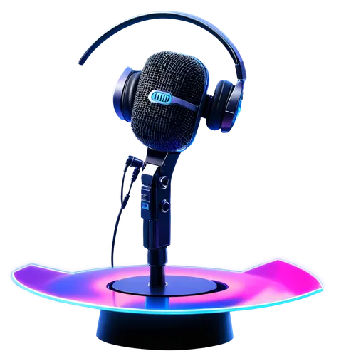 Microphone, sound waves, studio equipment, audio mixer, headphones, DJ console, neon lights, futuristic ambiance, metallic surface, sleek design, low-angle shot, dramatic lighting, high-tech details, 