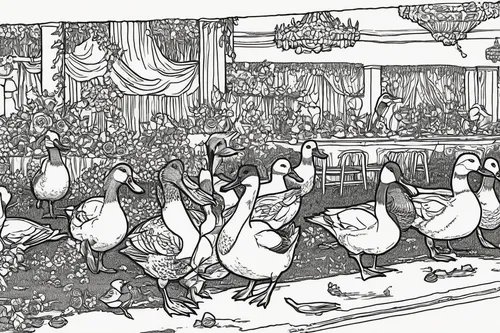 Write a funny story about wild ducks causing chaos at a fancy wedding.,a flock of pigeons,chicken run,line art birds,flock of chickens,pigeons,fry ducks,city pigeons,feral pigeons,chicken yard,landfow