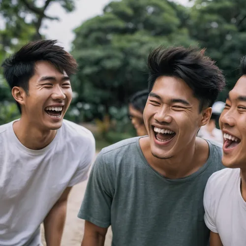 Playful Asian male model laughing with friends during a casual outdoor shoot,laughing tip,happy faces,laugh,laughter,vietnam's,to laugh,vietnamese,bánh ướt,laugh sign,three friends,friendly three,hano