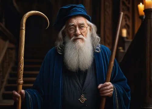 wise old man, Rumbledore, solo, (110yo), long white beard, half-moon glasses, blue eyes, wrinkles, dark blue robes, golden trim, intricately designed wooden cane, gentle smile, standing, Hogwarts, gra