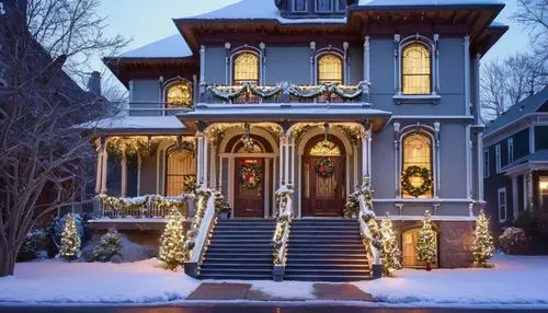 Snow-covered Victorian-style mansion, festive holiday decorations, intricate stone carvings, grand entrance with ornate doors, wreaths on doors, garlands along stairs, Christmas trees in windows, soft