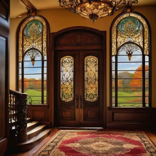 entryway,art nouveau frame,front door,entranceway,foyer,art nouveau frames,doorway,doorways,the threshold of the house,house entrance,stained glass windows,entrance hall,main door,interior decor,stained glass window,doors,room door,leaded glass window,entryways,stained glass,Illustration,Realistic Fantasy,Realistic Fantasy 34