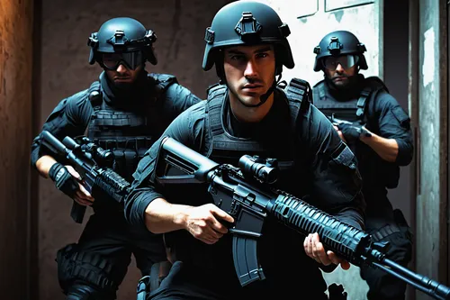 ready or not game, SWAT member, tactical gear, helmet, night vision goggles, bulletproof vest, holding rifle, crouching position, intense expression, urban environment, breached door, flashbang effect