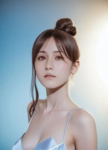 Koren woman, Dark brown hair, white background,  light blue dress,an asian woman is posing with a blue top,qixi,xiaofei,kikkawa,yuna,yangmei,huayi,Photography,General,Cinematic