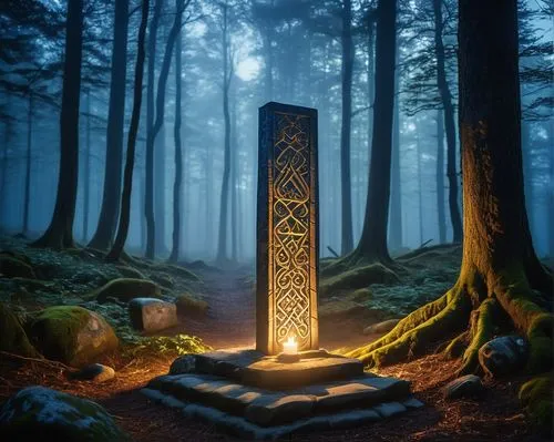 Ancient mystical runes, glowing blue, intricate patterns, ornate details, stone pedestal, misty atmosphere, mysterious forest, twinkling stars above, soft mist surrounding, warm golden lighting, cinem