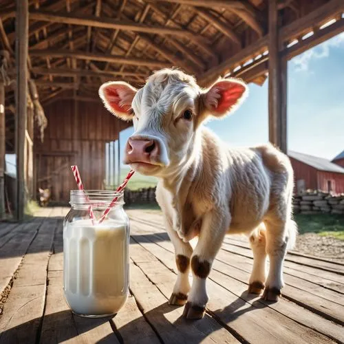 3D lifelike full body figure of a cute calf with fluffy fur holding a glass jar with its front legs and drinking with a straw, with sweet loving eyes, sweet funny facial expressions, calf has a large 