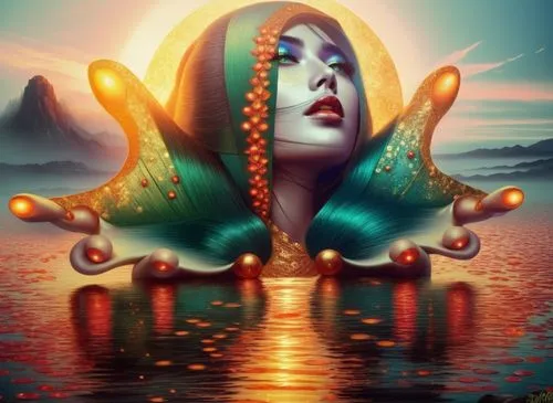 An amazing nude japanese young woman  with red lips and green eyes,there is a digital painting of a woman with her head painted turquoise and gold,amphitrite,merfolk,melusine,medusa,sirene,samudra,Ill