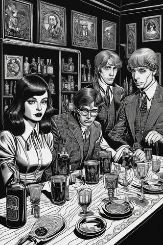 Imagine a secret society that gathers in a hidden speakeasy, sipping on exclusive goody goody liquor while plotting their next heist.,clue and white,harry potter,potter,chinaware,sci fiction illustrat