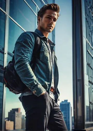 male photographer, 30s, casual outfit, camera in hand, standing, leaning against a skyscraper, modern cityscape, glass windows, steel beams, urban atmosphere, afternoon sunlight, low-angle shot, drama