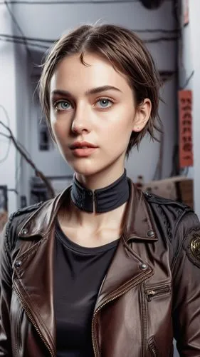 short hair, leather jacket,,woman in leather jacket with large collar,leather jacket,cassandra,lara,shai,jdo,zemfira,Illustration,Realistic Fantasy,Realistic Fantasy 25