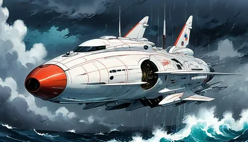 view of futuristic modern spaceship Yamato on search mission, storm on north sea, stormy weather, high waves, reflections, detailed masterpiece, colored ink sketch, ink wash,deep-submergence rescue ve