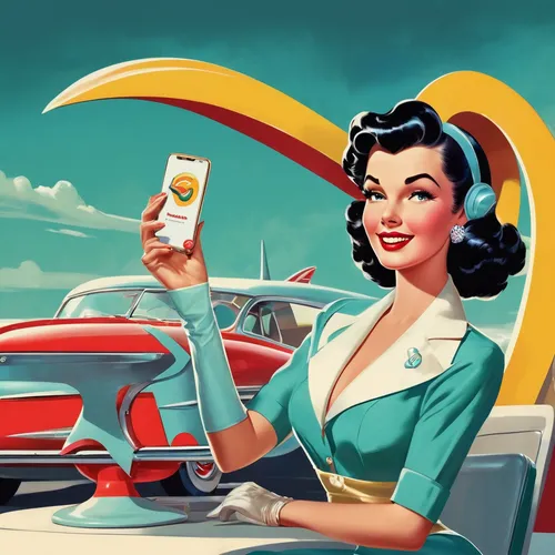 Compose a WhatsApp message from a character who just won the lottery and wants to share the news with their family.,woman holding a smartphone,retro pin up girls,retro women,retro 1950's clip art,retr