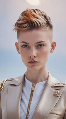 face model, suit, Mohawk haircut with shaved sides,a woman with short hair in a leather jacket,androgynous,pyro,genderqueer,androgyne,colyandro,androgyny,Photography,General,Cinematic