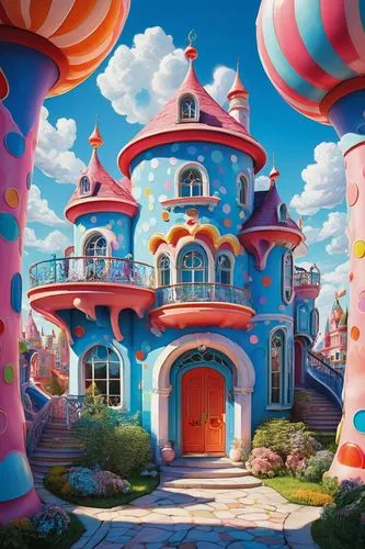 Whimsical building, colorful candy-like exterior walls, rounded turrets, twisting staircases, oversized windows, bright polka-dot doors, giant lollipop pillars, cotton-candy clouds surrounding the str