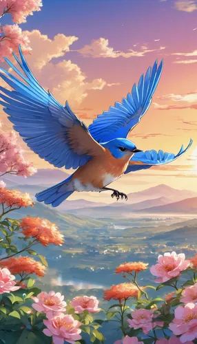 blue birds and blossom,blue bird,flower and bird illustration,bluebird,dove of peace,peace dove,bird kingdom,flying birds,springtime background,beautiful bird,spring background,bird of paradise,fantasy picture,bird painting,bird bird kingdom,bird in the sky,bird flight,spring bird,butterfly background,bird flying,Illustration,Japanese style,Japanese Style 03