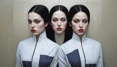 mirror image,split personality,symmetric,mirrors,clones,mirrored,symmetrical,symmetry,meridians,optical ilusion,the long-hair cutter,the three graces,mirror reflection,parallel worlds,dualism,clone,art deco woman,hairdressing,surrealism,clone jesionolistny,Illustration,Realistic Fantasy,Realistic Fantasy 07