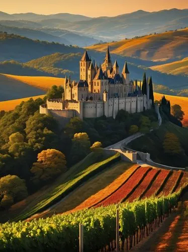 carcassone,burgundian,beaucastel,chateaux,fairytale castle,francia,vineyards,carcassonne,castle vineyard,hohenzollern castle,alsace,fairy tale castle sigmaringen,beaujolais,zeland,toscane,chateau,fairy tale castle,wine country,gevrey,gold castle,Illustration,Vector,Vector 13