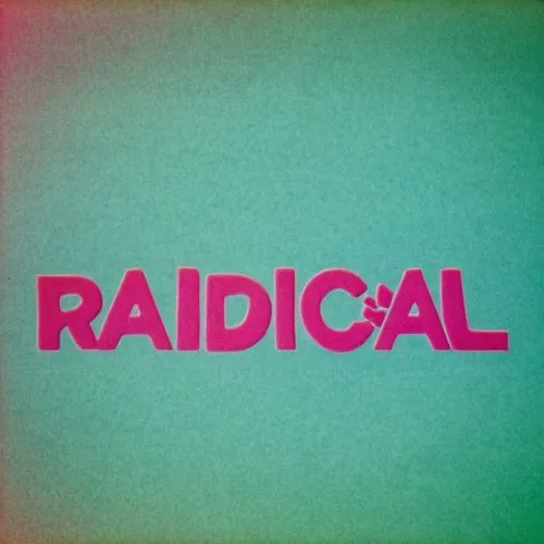 A graphic with the word "Radical" in stylized, bold pink and green font with a drop shadow, centered on a light blue background.,an advertit for radical with some type of text on it,radical,radicular,