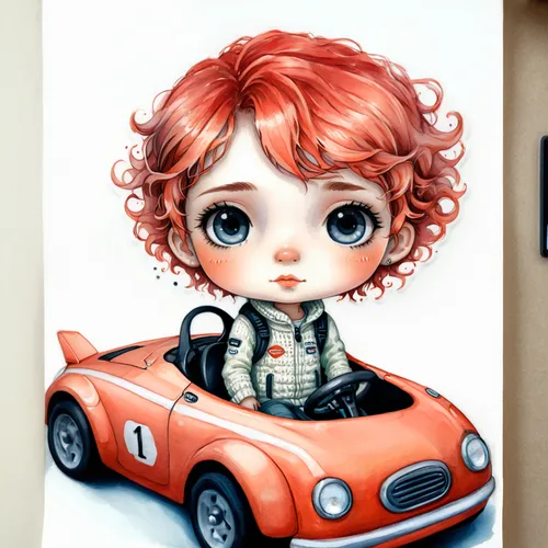 car drawing,mini cooper,girl and car,girl in car,copic,painter doll,mini suv,small car,cartoon car,redhead doll,clementine,kids illustration,woman in the car,drive,cute cartoon character,watercolor pi