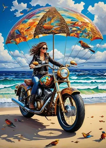 storm the clouds mosaic colors, over the beach, jigsaw puzzle, mural in the top of the ball, boat, birds, steampunk motorcycle cruiser-type motorcycle, air ballon,blue motorcycle,motorcycle,motorbike,