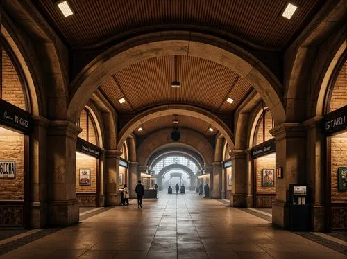 Rustic metro station, arched vaults, ornate stone carvings, grand entrance halls, sturdy masonry walls, earthy tones, warm ambient lighting, intricate brick patterns, ribbed ceilings, imposing columns