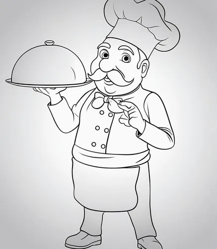 Drawing of only outlines for coloring. Caricature of a chef holding a saucer, as a collection figure. White background, line art vector, sketch line art.,chef hat,coloring page,chef,coloring pages,che