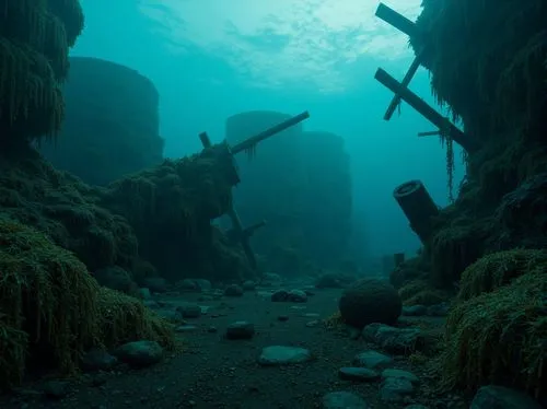 Moody underwater scene, dark cyan hues, mysterious oceanic atmosphere, eerie bioluminescent creatures, coral reef structures, undulating seaweed, weathered wooden shipwrecks, rusty metal debris, soft 