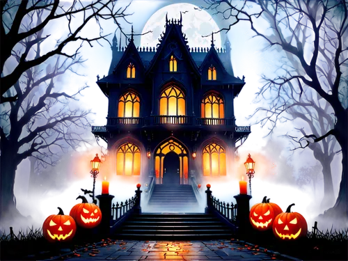 halloween background,halloween poster,halloween wallpaper,halloween illustration,halloween scene,halloween frame,the haunted house,halloween night,halloween banner,halloween and horror,halloween border,witch's house,haunted house,samhain,haunted cathedral,witch house,halloweentown,helloween,pumpkin lantern,halloween,Illustration,Japanese style,Japanese Style 03