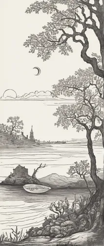 landscape with sea,coastal landscape,an island far away landscape,robert duncanson,osaka bay,sea landscape,lake tanuki,cool woodblock images,the japanese tree,engraving,beach landscape,edward lear,boat landscape,river landscape,daitō-ryū aiki-jūjutsu,panoramic landscape,lithograph,islet,landscape background,island of fyn,Illustration,Black and White,Black and White 29