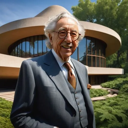 Frank Lloyd Wright, pioneer of organic architecture, standing in front of a curvaceous, futuristic building, with a subtle smile, wearing a suit, glasses, holding a blueprint, surrounded by lush green