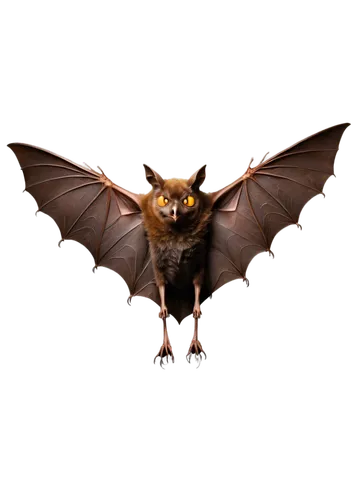 Dark brown bat, spread wings, detailed veins, furry body, sharp claws, glowing yellow eyes, nocturnal, mysterious, solo, close-up, 3/4 composition, shallow depth of field, warm color tone, cinematic l