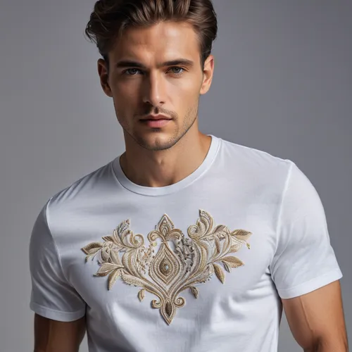 filigree,print on t-shirt,gold filigree,t-shirt,t-shirt printing,openwork,t shirt,paisley pattern,premium shirt,long-sleeved t-shirt,barong,gold foil snowflake,male model,janome butterfly,men's wear,baroque angel,damask,versace,undershirt,steampunk gears,Photography,General,Natural