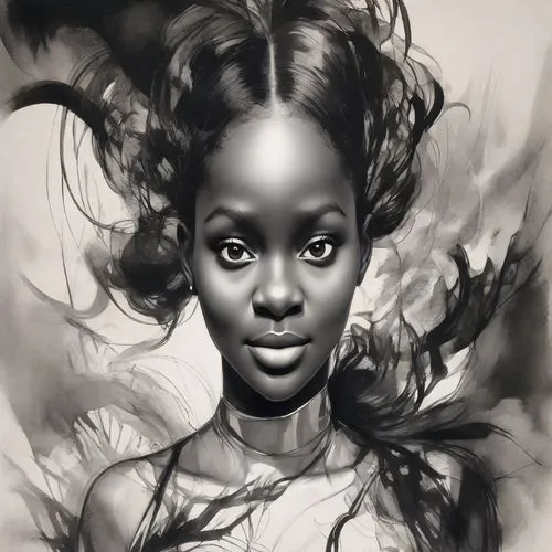 graphite,african woman,digital painting,fantasy portrait,african american woman,black woman,charcoal pencil,fashion illustration,world digital painting,nigeria woman,woman portrait,digital art,charcoal drawing,charcoal,black skin,girl portrait,digital artwork,mystical portrait of a girl,pencil drawings,digital illustration