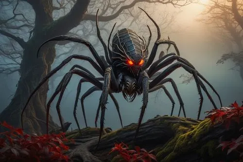 Fantasy creature, spider dragon, majestic, powerful, detailed scales, glowing red eyes, intricate web-like patterns on body, sharp claws, delicate legs, regal posture, standing on a misty mountain pea